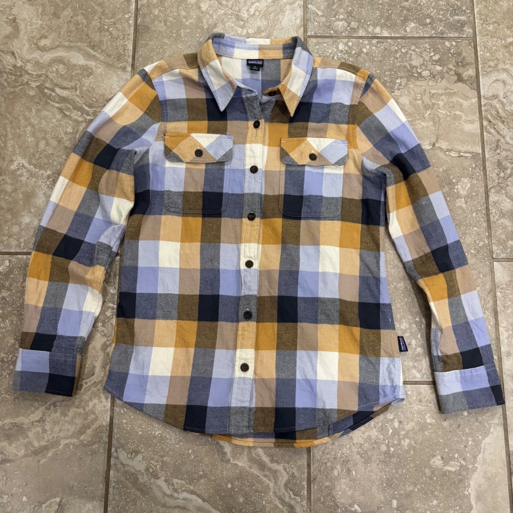 Patagonia Organic Cotton Fjord Flannel Plaid Button Down Shirt Blue Yellow XS